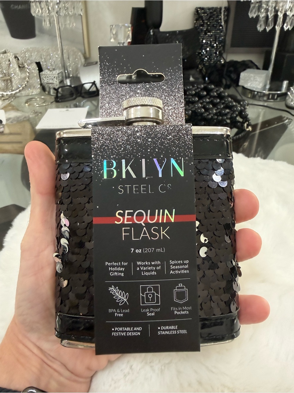 Black Sequin Flask - 7 oz